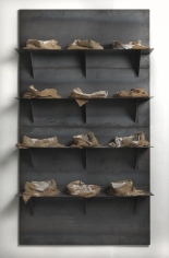 Jannis Kounellis,&nbsp;Untitled,&nbsp;1999,&nbsp;plates, iron shelves, bags and plaster,&nbsp;142 x 79 x 22 inches, &nbsp;