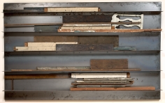 Jannis Kounellis,&nbsp;Untitled,&nbsp;1983,&nbsp;wood assemblage, metal shelf,&nbsp;58 x 95 x 7 inches