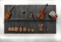 Jannis Kounellis,&nbsp;Untitled,&nbsp;1993,&nbsp;steel panel, musical instruments, copper pots, hooks,&nbsp;79 x 142 x 20 inches