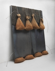 Jannis Kounellis,&nbsp;Untitled, 2012,&nbsp;steel panel, iron wires, sacks and iron ore,&nbsp;85 x 71 x 17 inches