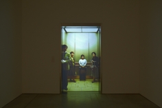 Leandro Erlich, Elevator Pitch, 2011, stainless steel, automatic door operator, sliding doors, button panel, screen, Mac Mini computer, and rear-screen video projection (color, sound), 5 min.