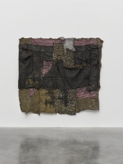 Ibrahim Mahama,&nbsp;FARA TUUBA, 2019, scrap metal tarpaulin, metal tags and smock fabric on charcoal jute sacks, 83 7/16 x 94 7/8 x 4 3/4 inches